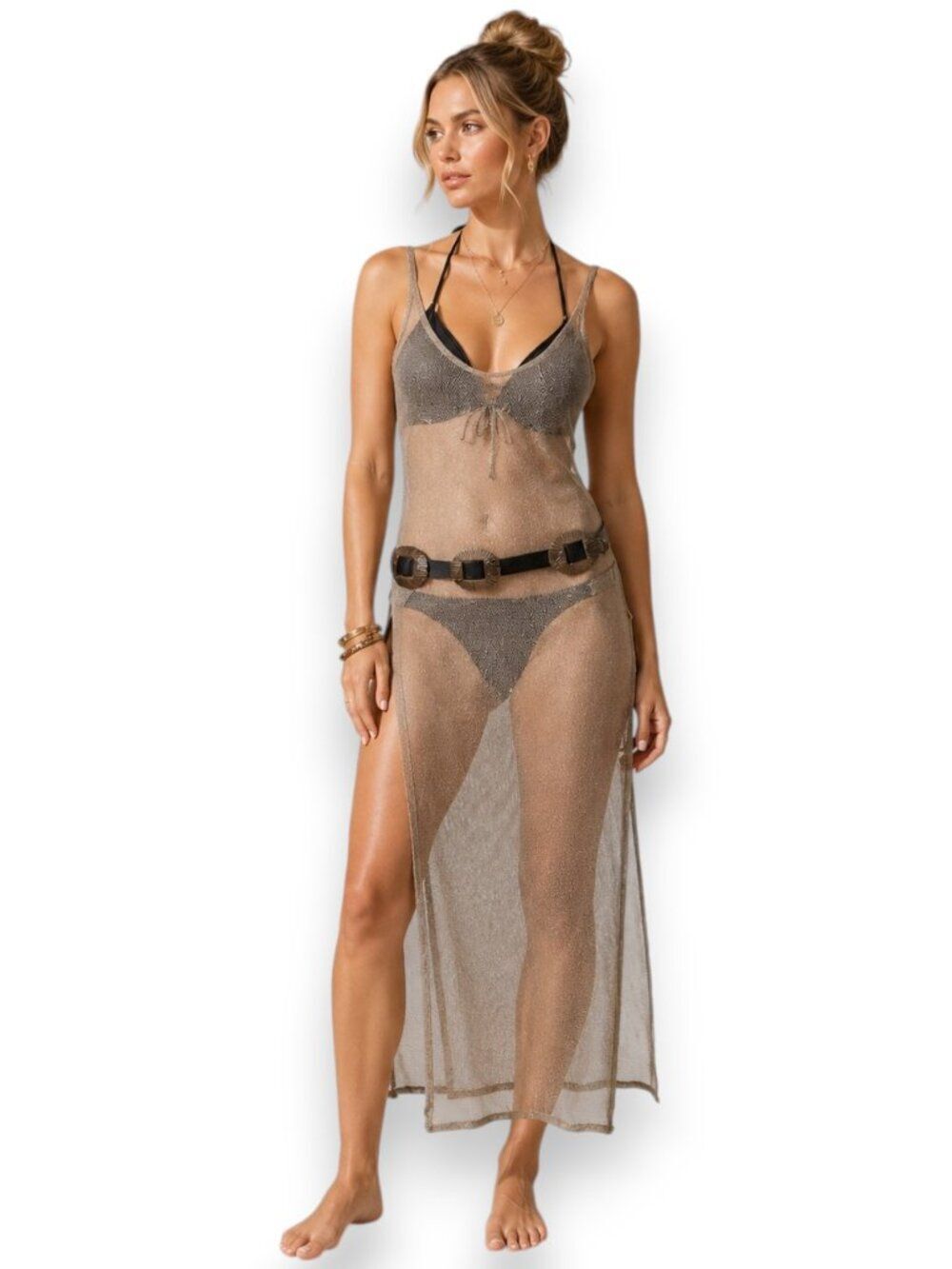 Gold Sheer Mesh Maxi Dress Cover Up